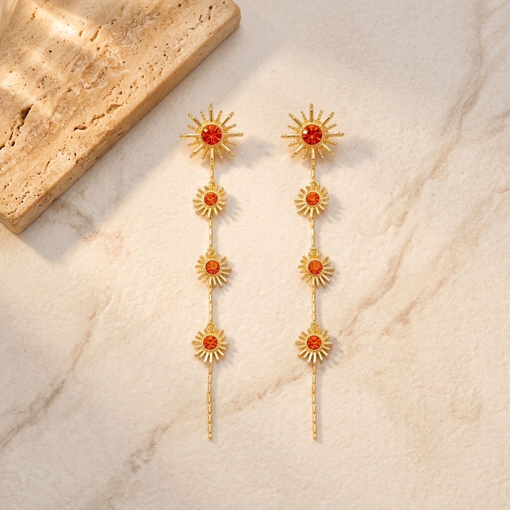 TEMU 1 Pair -shaped Long Earrings, Bohemian Light . Each Earring Features A Graduated Size With Center Stone, Flexible Chain Connection For Dangle.