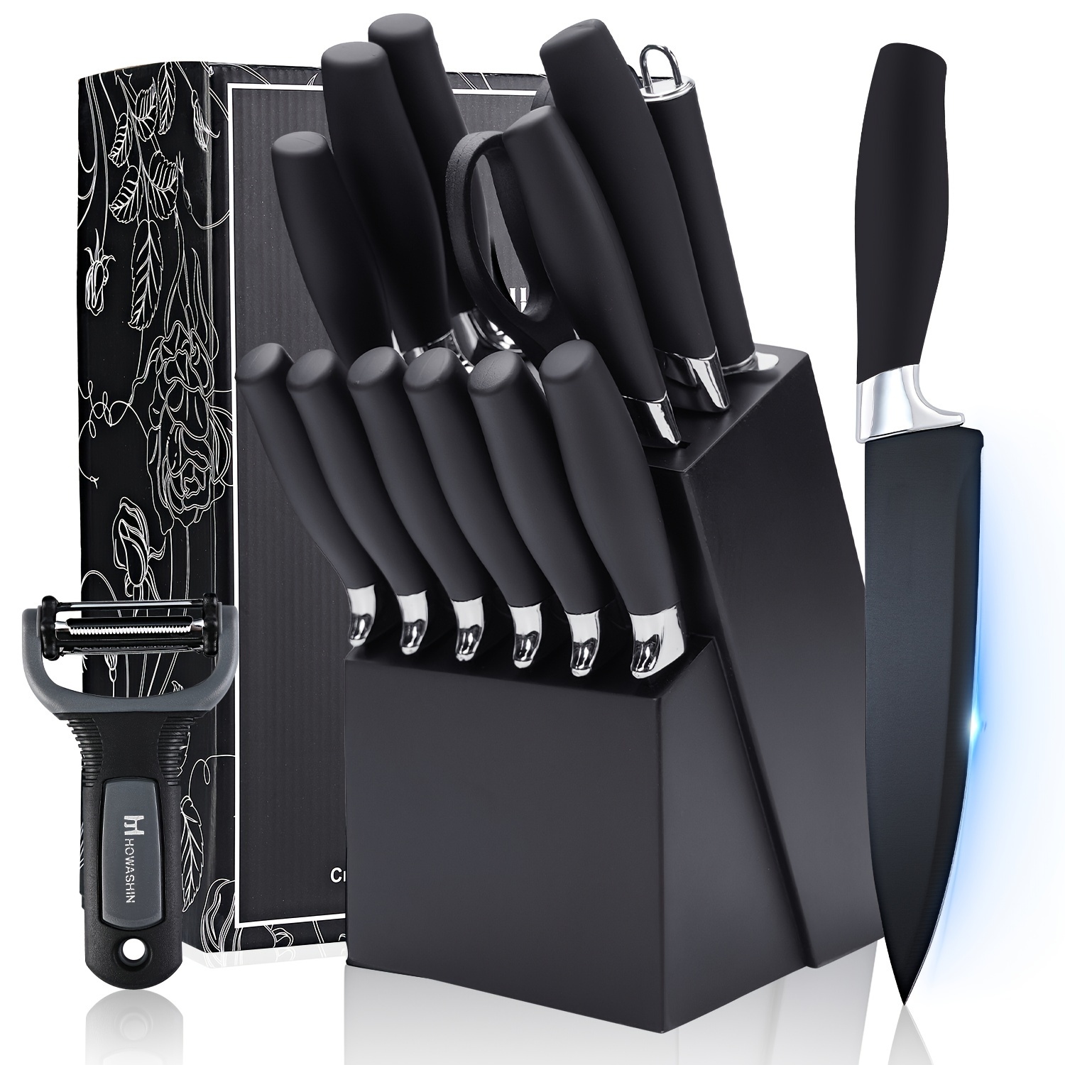 

Brodark Knife Set, 15pcs For Kitchen With Block, Kitchen Knife Set With Built In Sharpener Block, Stainless Steel Knife Block Set, Black