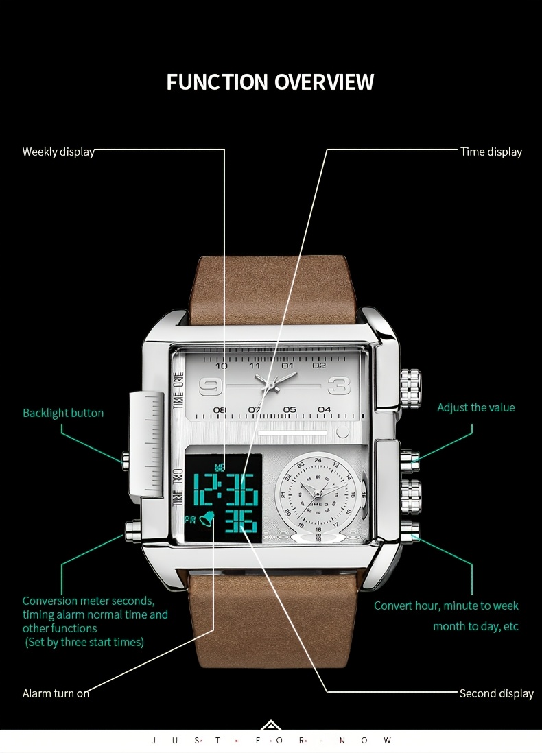  mens watch quartz watch 50mm large dial square mens watch multifunctional sports mens watch luminous alarm clock timer 24h calendar cowhide strap mens gift fk030 details 10