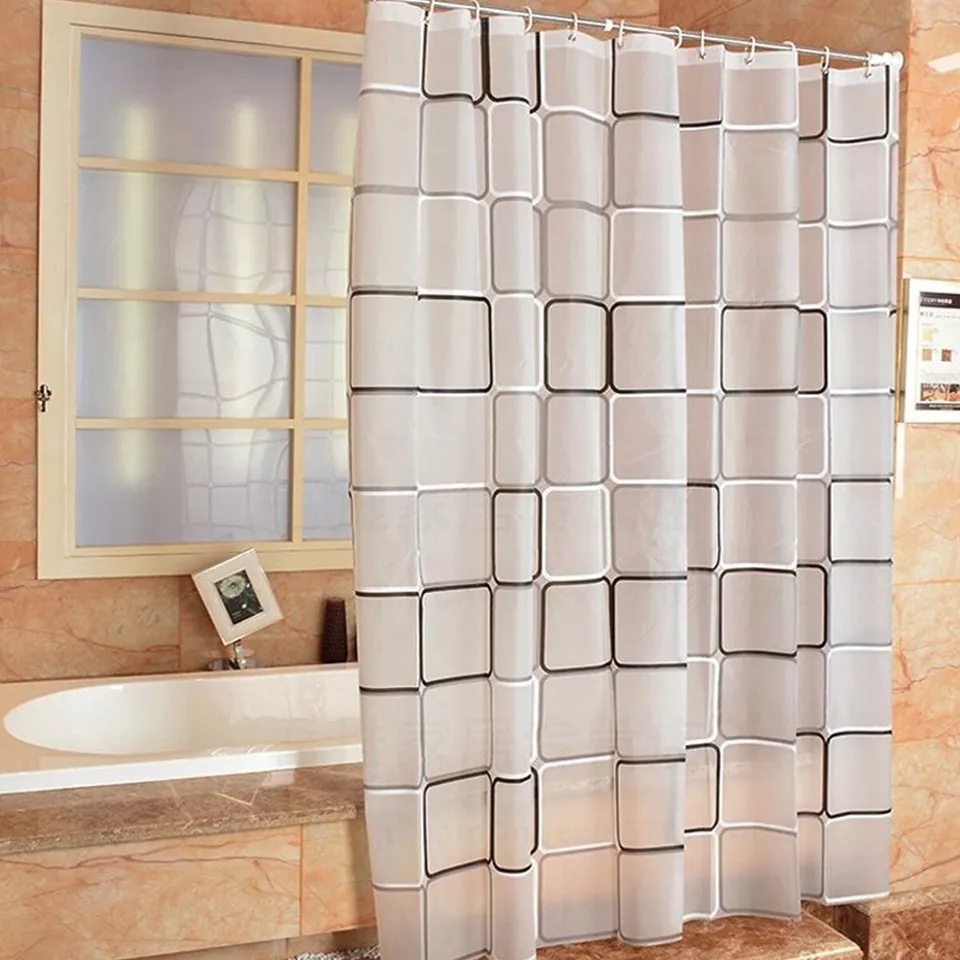 Long Bathroom Shower Curtain with Ring Hooks, Washable Design