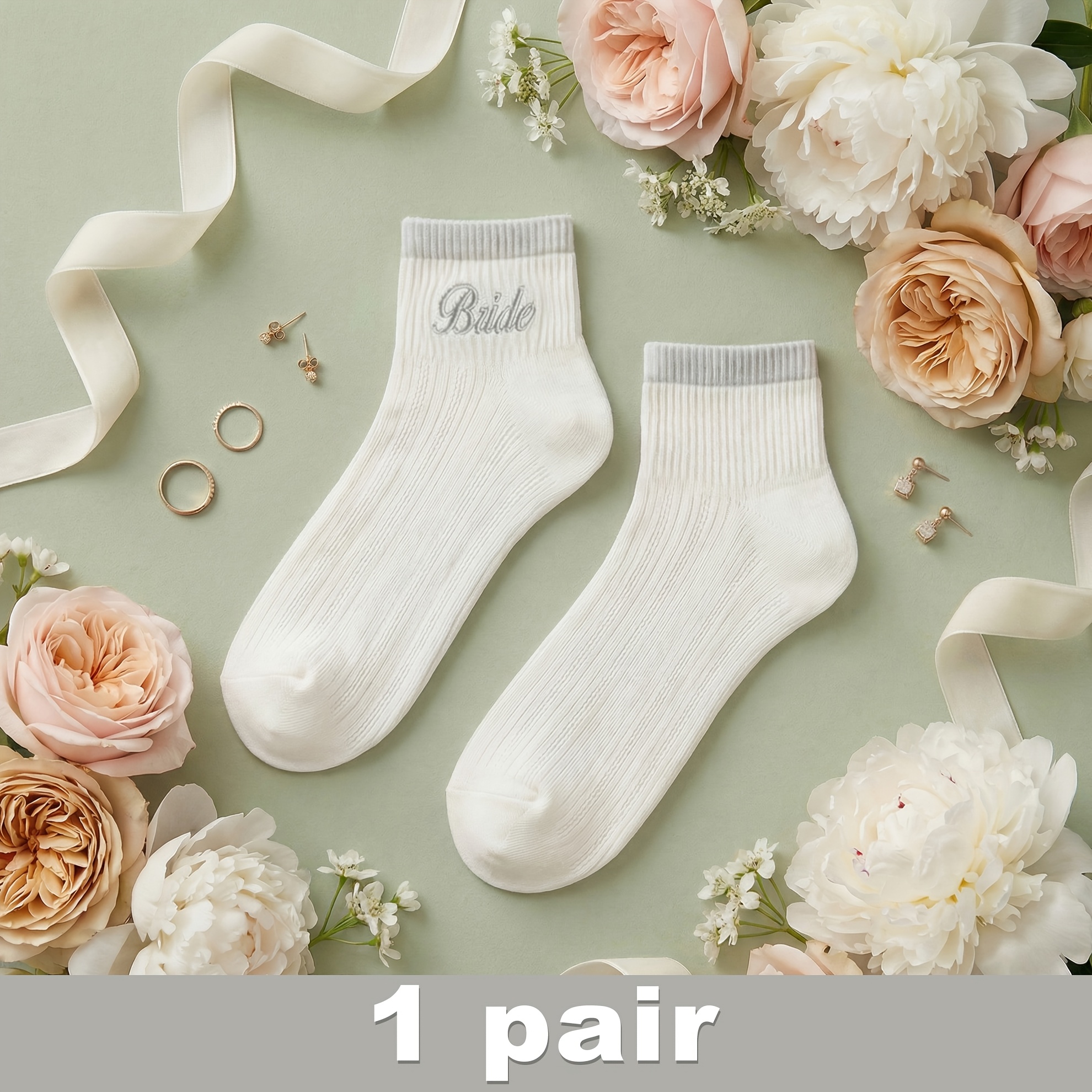TEMU New Arrival Bride Embroidered Breathable Mesh Ankle Socks, Light Blue Cuff, Wedding Socks For Bride, Bride Gifts, Engagement Wedding Party,