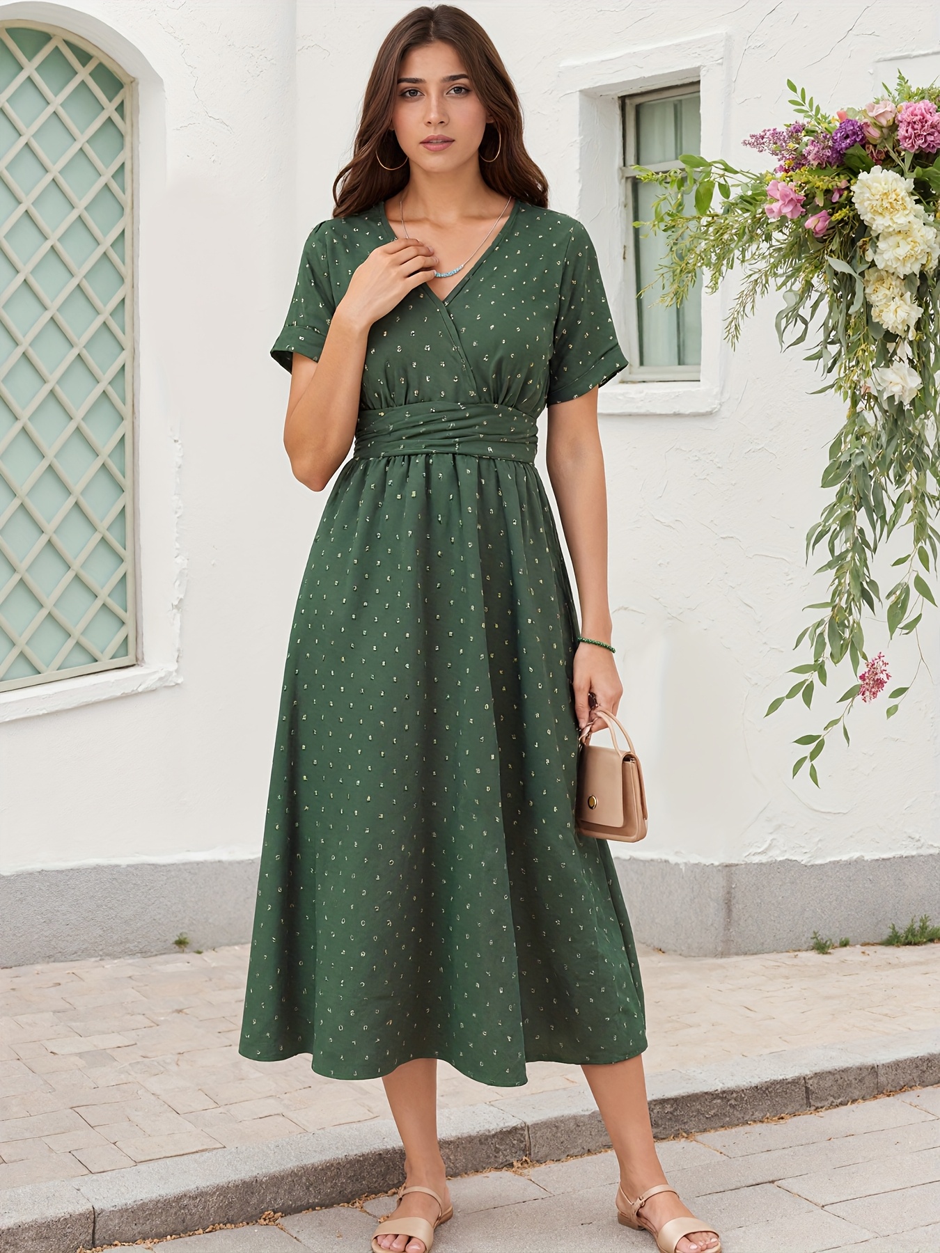 elegant v neck pleated midi dress short sleeves olive green Temu