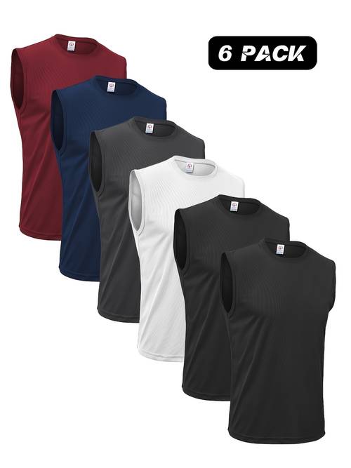 6pcs mens quick performance sleeveless tank tops breathable mesh workout shirts for gym running muscle training moisture wicking loose colors navy red white shirts gym apparel sporty design moisturewicking fabric