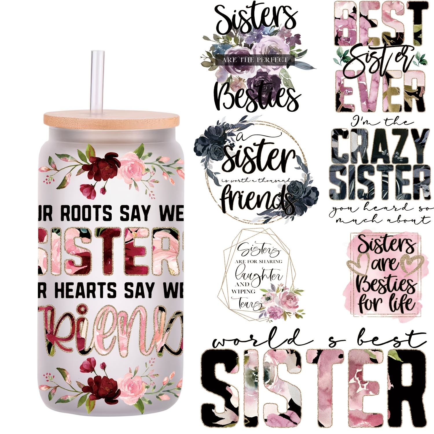 

5pcs/set Vinyl Best Sister Themed Stickers, 16oz Glass Jar Decals, Uv Dtf Self-adhesive, Decorative Packaging For Cups & Bottles