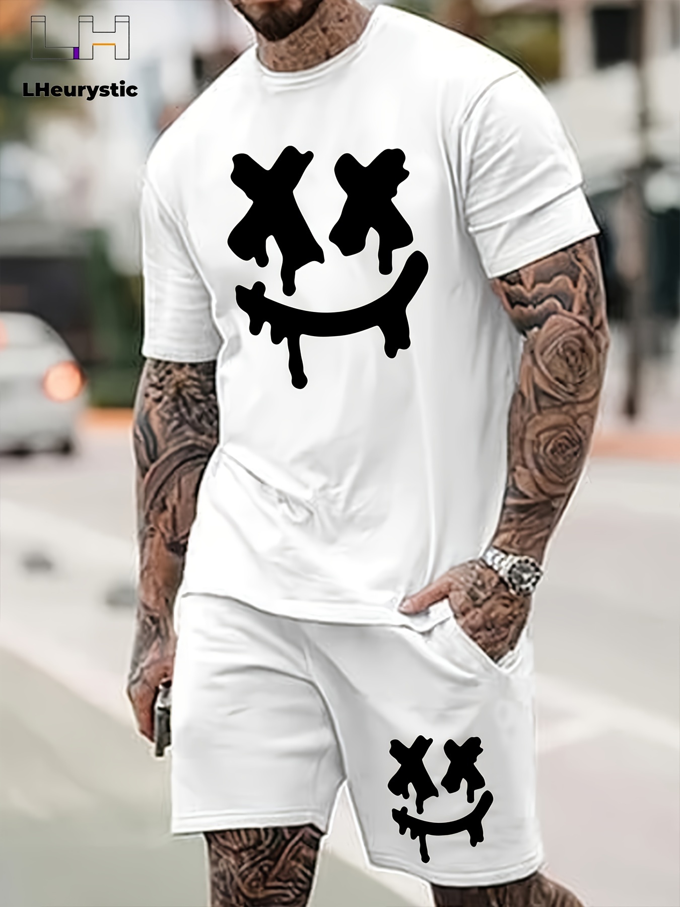 cross eyes smile face print men's outfits casual crew neck