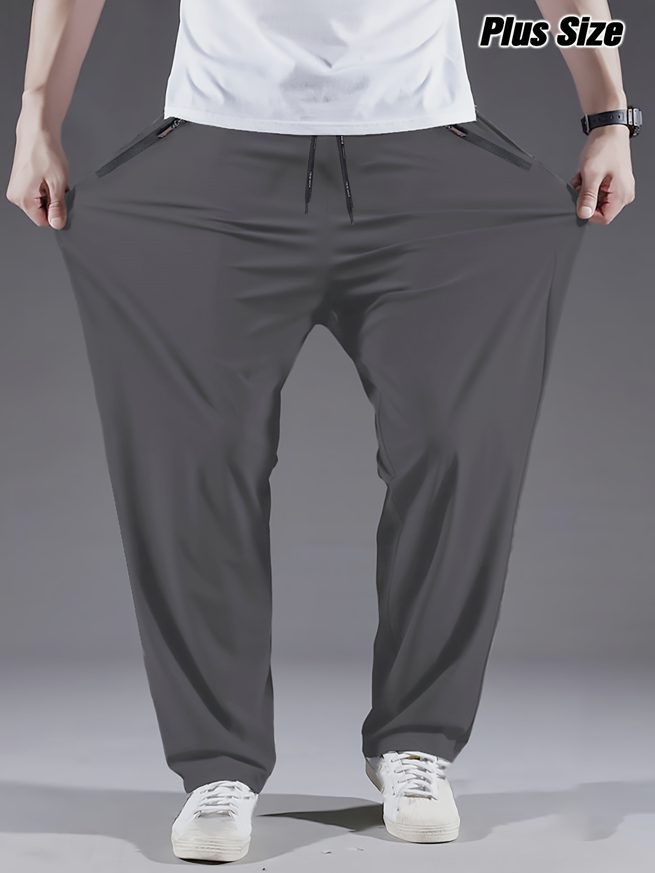 Men's Plus Size Polyester Sports Pants - 100% Polyester, Casual Style, Slight Stretch Fabric, Solid Color, Spring/Summer, Regular Fit, Adult Weekend Casual Trousers with Woven Technique
