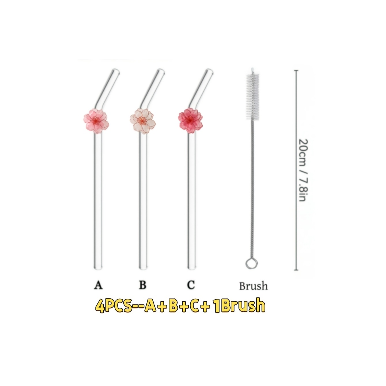 Image of 4pcs Glass Straws Decorated With Flowers, Reusable For Summer Drinks And Pool Parties. An Gift For Christmas, Birthdays, Back To School, And Valentine's Day. Essential For The Kitchen, Photo Props