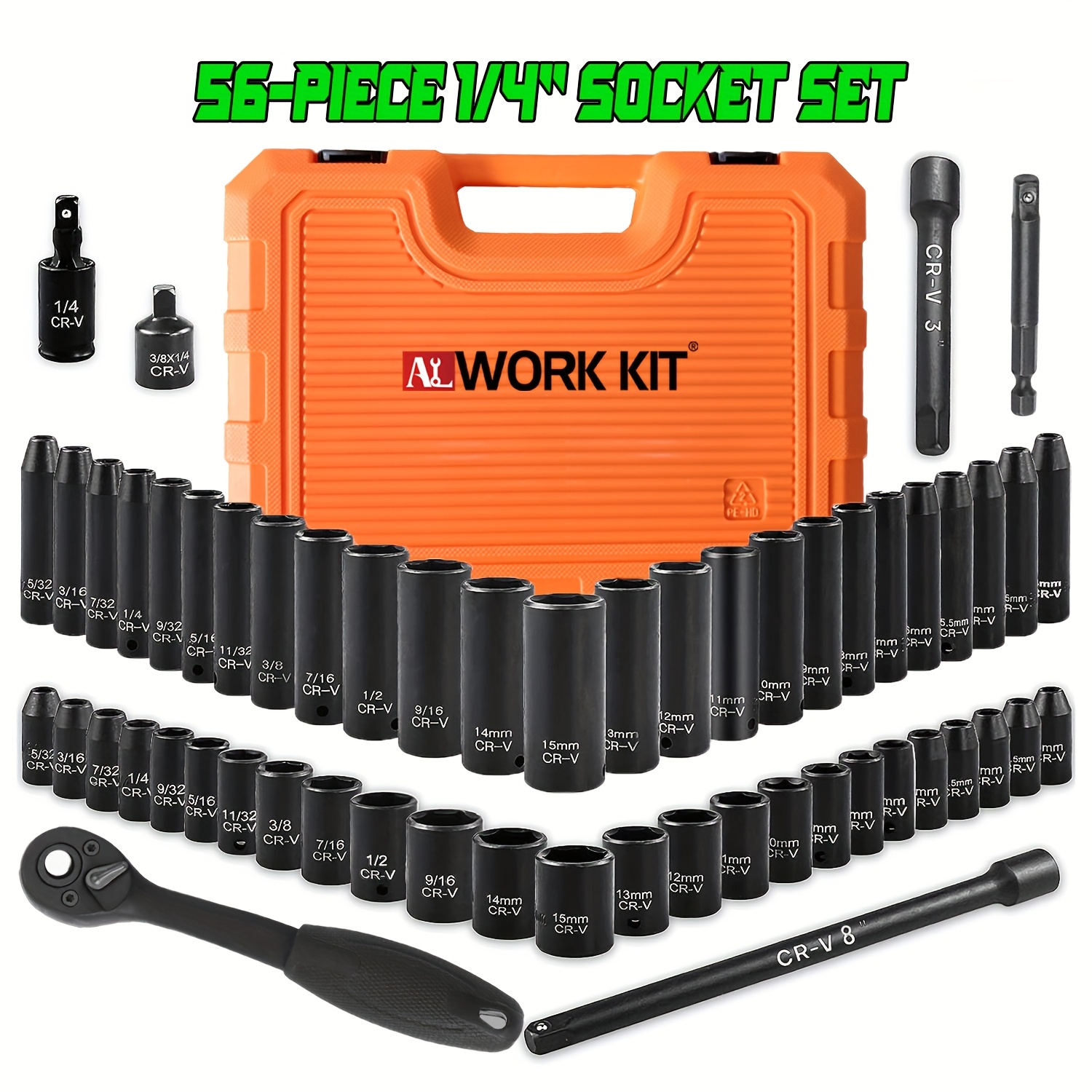 

A Set Standard 1/4inch Impact Socket, 56pcs Sae(5/32-9/16 Inch) & Metric(4-15mm)size, 6 Point, , High Torque Ratchet Handle, Extension Bar, Impact Universal Joint, Portable Suitcase. Nice Gifts