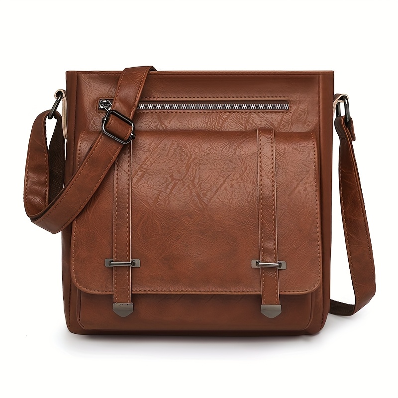 Women's Pu Vintage Messenger Bag - Large Capacity Zippered Crossbody Bag Suitable For & Daily Use, & Oil-, Compact Square Postbag