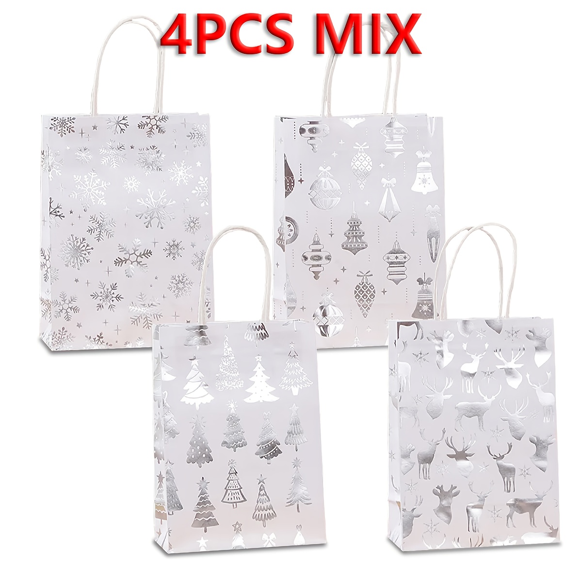 TEMU 4/12pcs Christmas Stamping Gift Bags, Christmas Series Paper Gift Bags, Gift Packaging Tote Bags, Silvery Snowflakes, Christmas Trees, Reindeer,