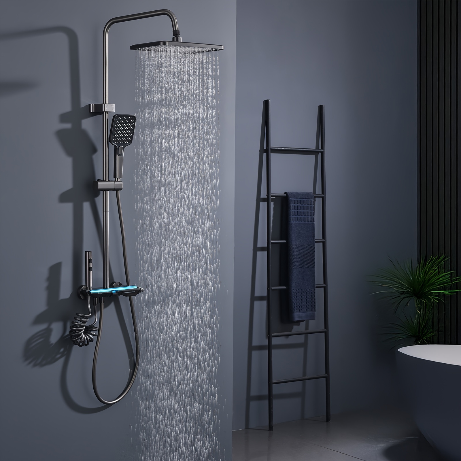 Shower Faucet Set, Non-thermostatic Shower Faucet Set, With Waterfall Outlet, Brass Material, With Shower, Handheld Shower, Adjustable Height, Gun Gray
