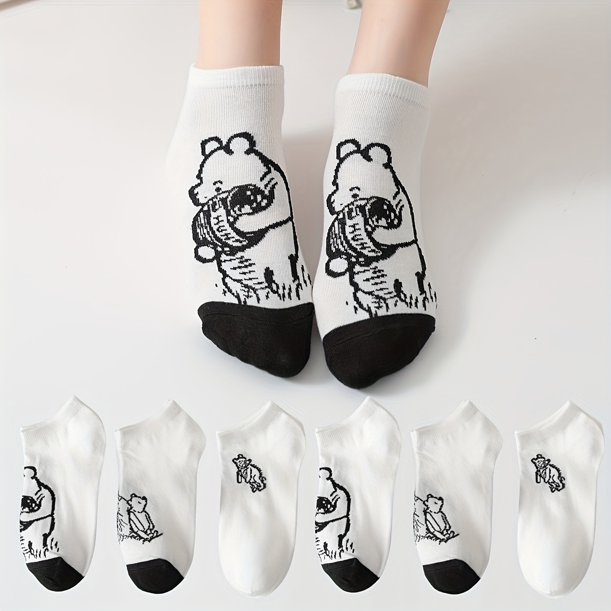 

5/10pcs Men's Cute Cartoon Bear & Honey Jar Ankle Socks - Breathable Polyester, Machine Washable