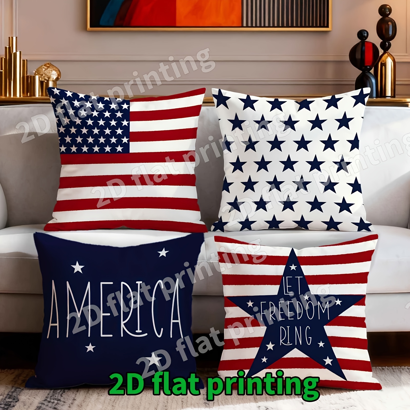TEMU 4pcs American Flag Cushion Covers Suitable For Bedding, Pillowcases With Stars And , Zipper Closure, Machine Washable - Day Decor, Contemporary