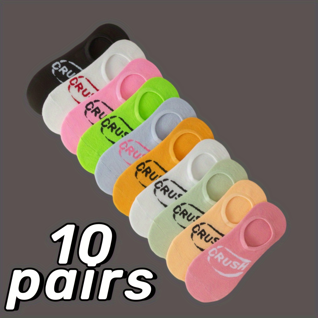 

10 Pairs Letter Embroidered Breathable Boat Socks, Comfy & Simple Low Cut Invisible Socks, Women's Stockings & Hosiery