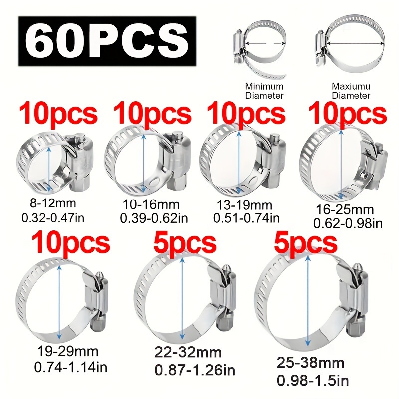 TEMU 60pcs 7 Sizes Adjustable Stainless Steel Screw Band Hose Clamps - Suitable For Pipes, Intercoolers, Plumbing, Tubes & Fuel Lines