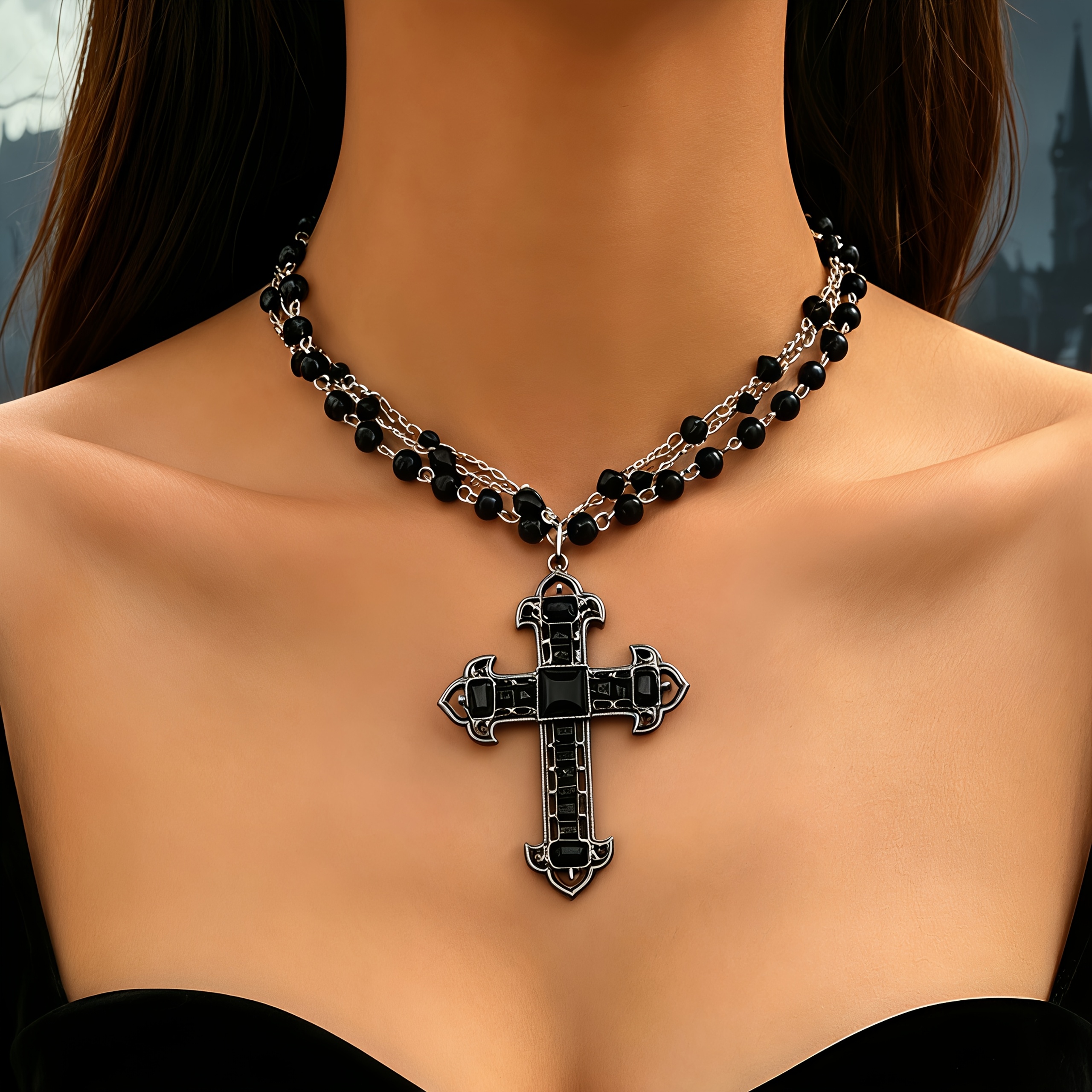 Women's Multi-Layer Black Bead Chain with Vintage Cross Pendant Necklace