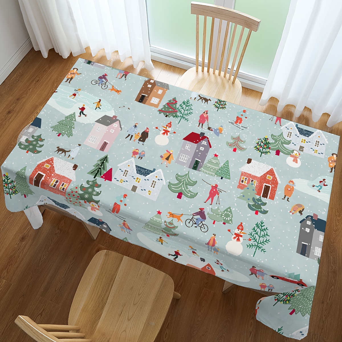 

1pc Christmas Themed Polyester Tablecloth - Snowmen, Animals, And Trees Print, Rectangle, Machine Woven, Non-fading, Machine Washable, Ideal For Indoor And Outdoor Parties, Picnics, And Holiday Decor