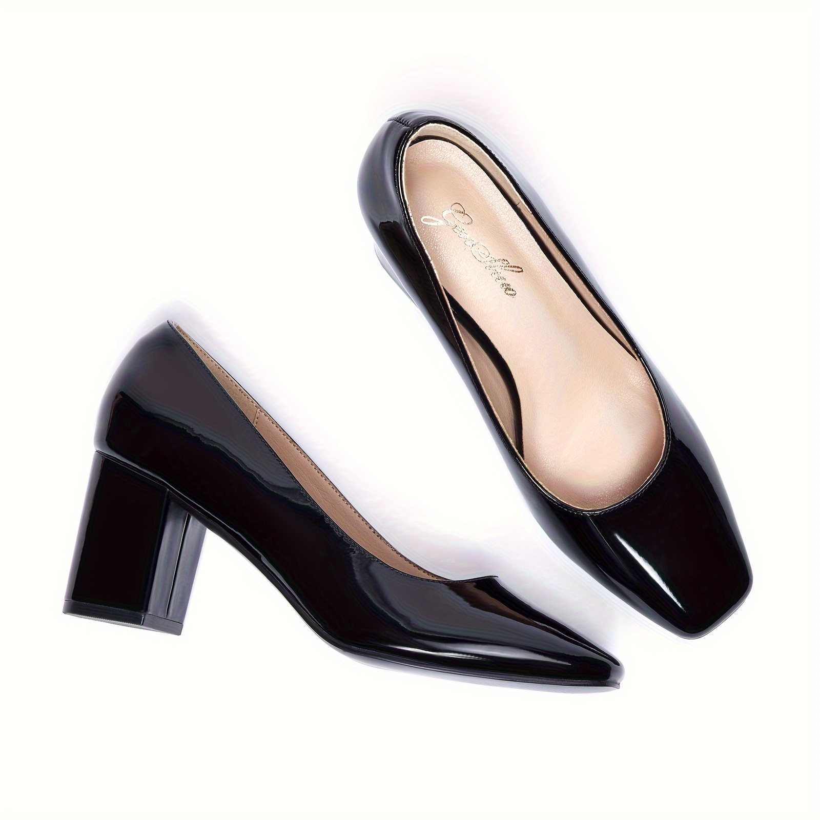 Women's Low Block Heel Pumps, Patent Leather Square Toe, Slip Resistant  Closed Toe Office Work Church Wedding Shoes