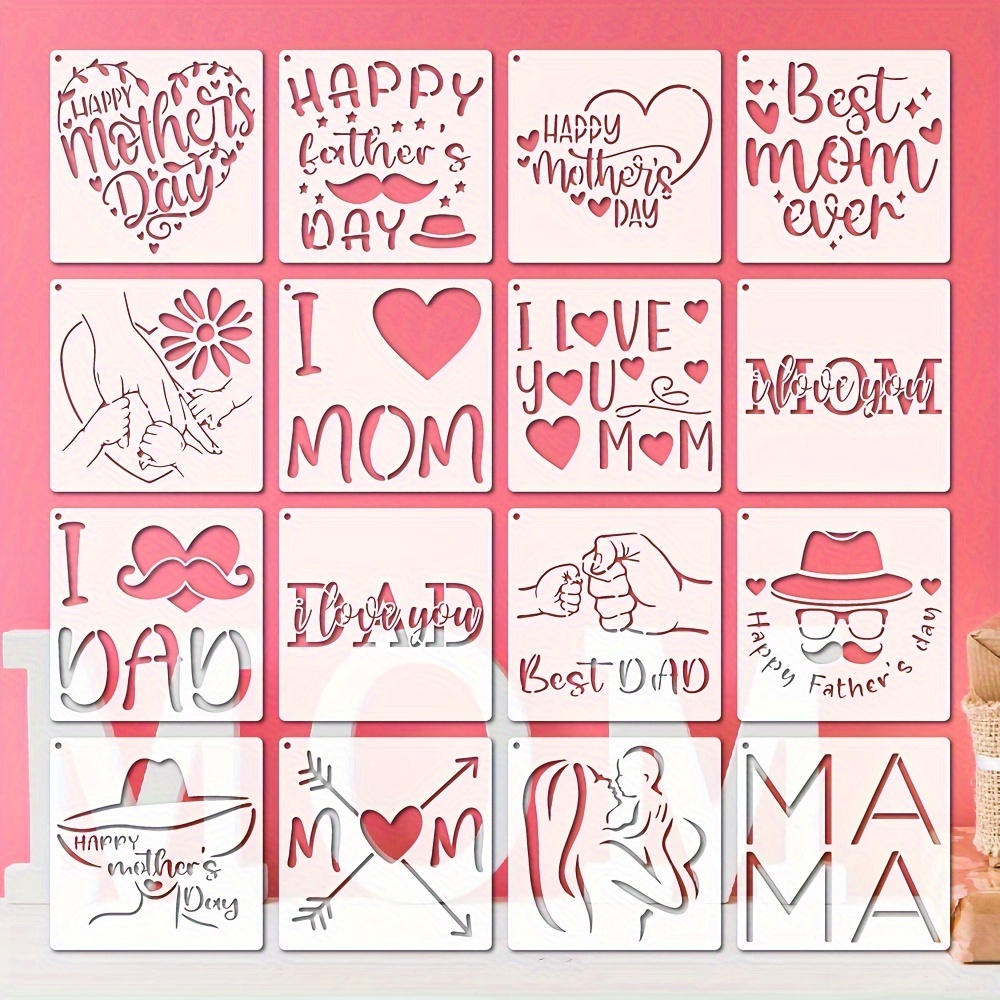 

16pcs Happy Mother's Day Stencils, 5.1 Inch Reusable I Love You Mom Dad Stencil Plastic, Happy Father's Day Drawing Templates For Diy Art Craft Scrapbook Greeting Cards Cloth T-shirt Home Wall Decor