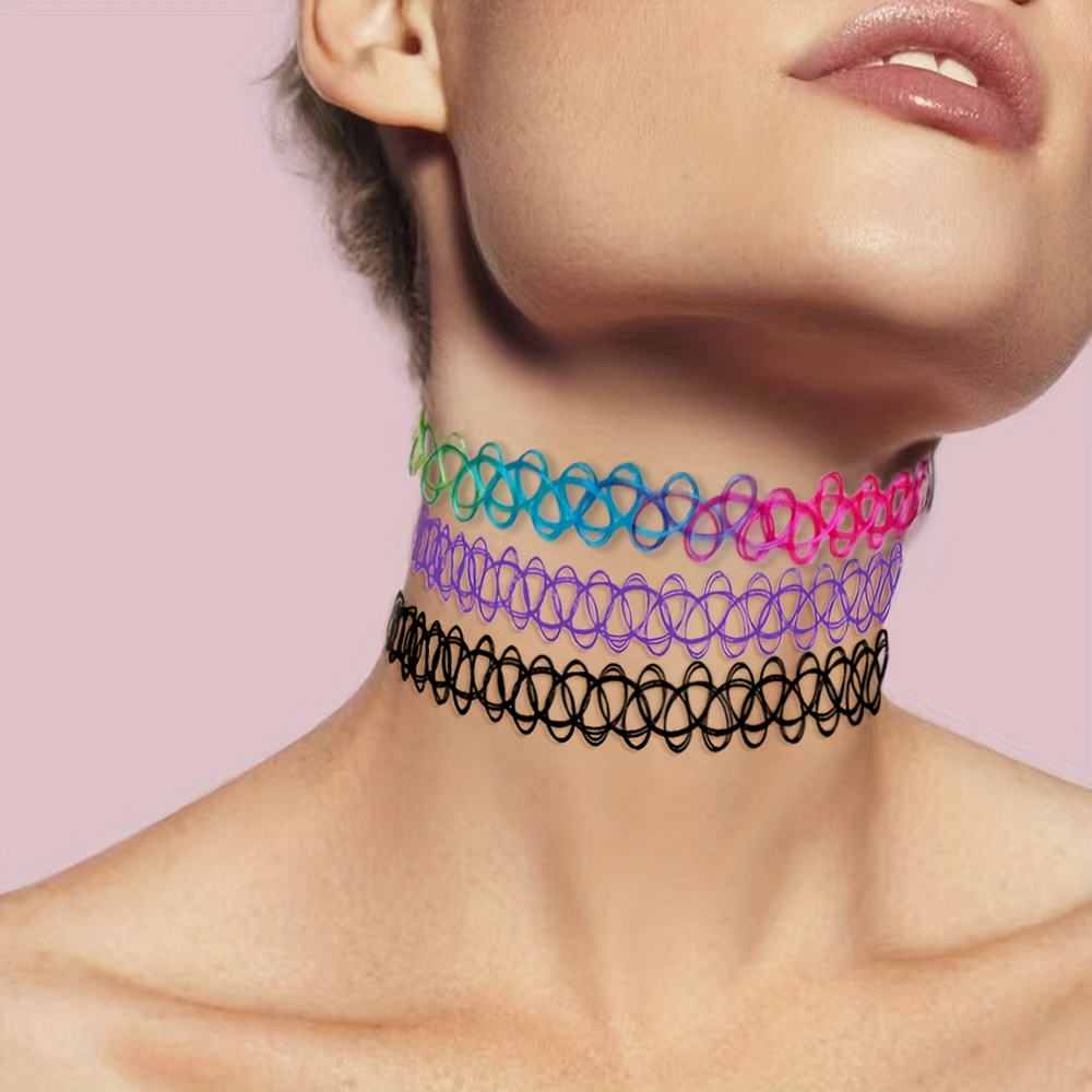 Image of 3pcs Y2k Retro Gothic Tattoo Choker Necklace Jewelry Set - Black, Purple & Rainbow Tattoo Chokers, Stretchy Elastic Collar For 90s 2000s Vintage Style, Wear For Women & (halloween, Christmas Gift)