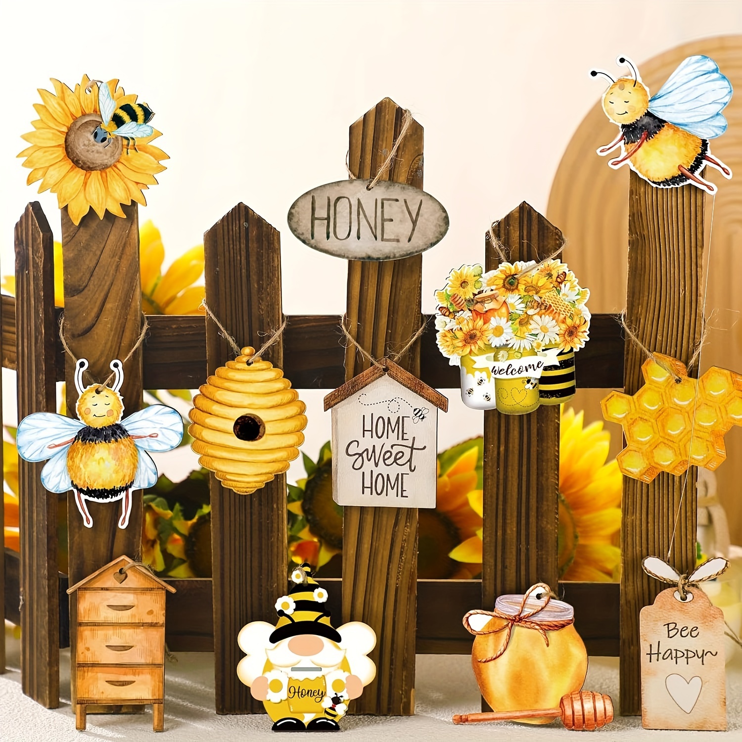 

12-pack Classic Bee Gnome Wood Ornaments - Animal Themed Hanging Decorations For Summer, Birthday & Friendship Day Celebrations - Juneteenth Friendly Honeybee Shapes With Rope For Home & Party Decor
