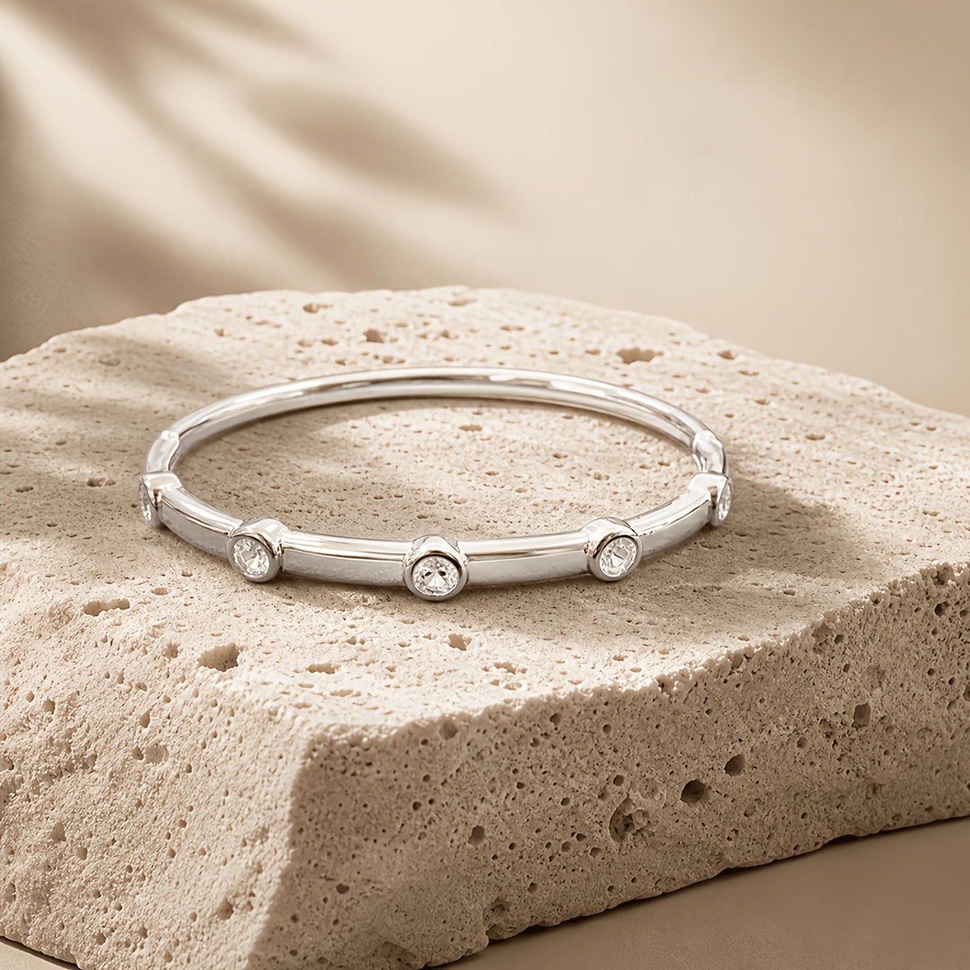 TEMU Minimalist Pave Single Synthetic Zirconia Bangle Women' Luxury Niche Design Daily Versatile Hand Jewelry