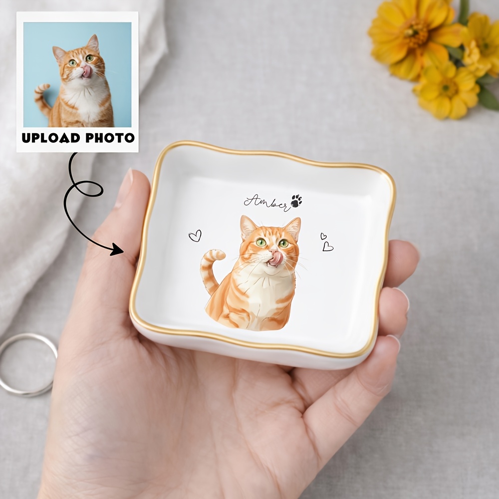 TEMU Personalized Pet Photo Ceramic Ring Dish & Trinket Tray - Custom Watercolor Dog Portrait Name/photo Plate, Tabletop Decor Suitable For, Desk,,