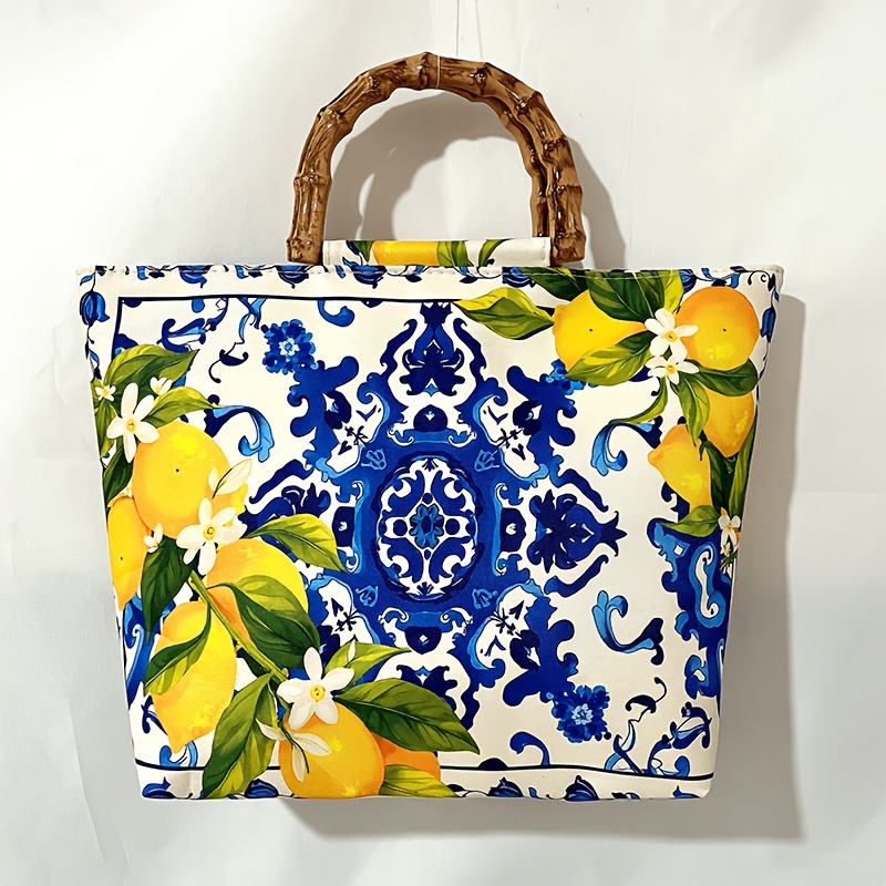 TEMU Sac pour femmes avec motif de citrons en porcelaine bleue et blanche et poignée en bambou, grand sac de plage à main avec poignée en bambou, sac