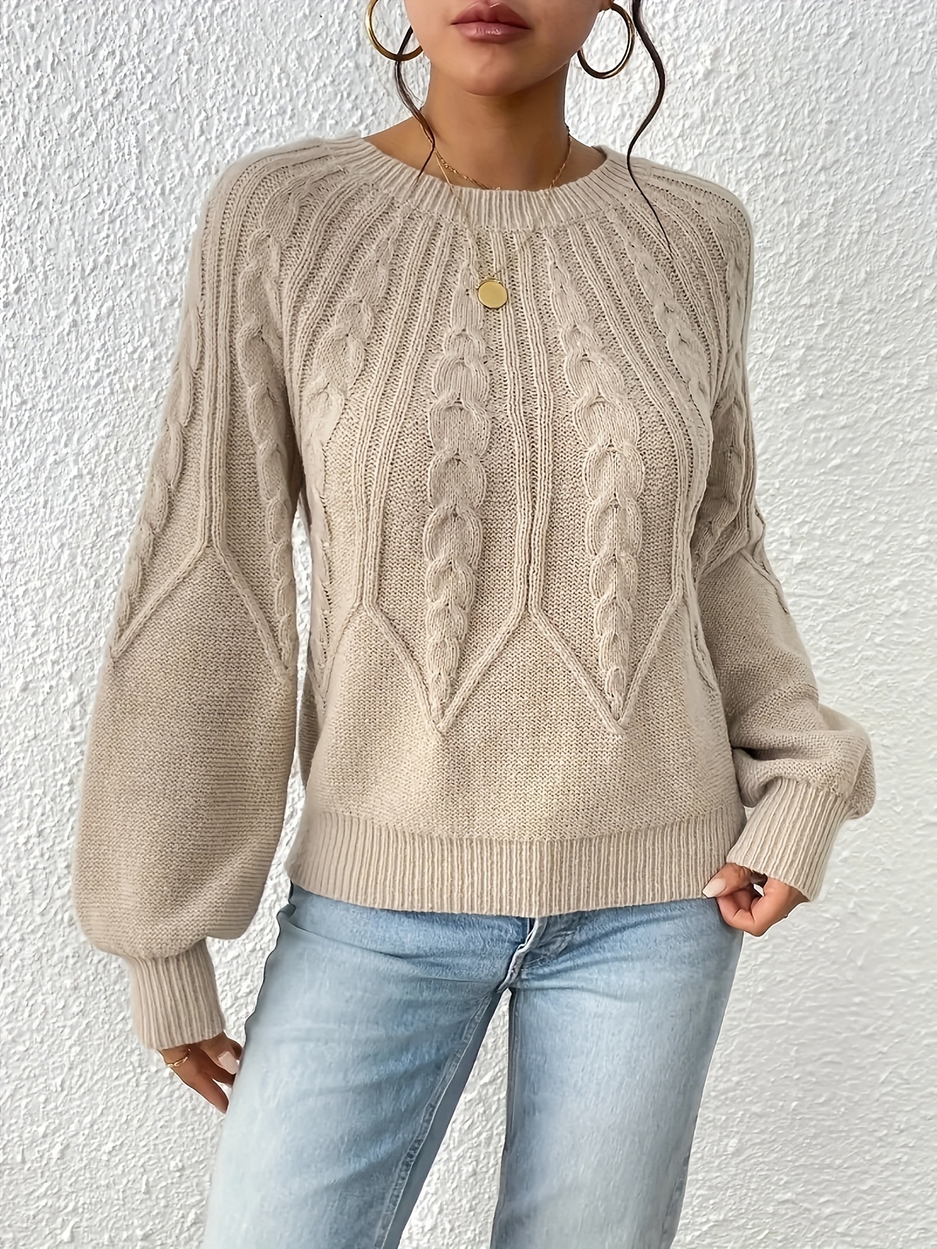 cable knit crew neck sweater elegant lantern sleeve knitted top for   womens clothing details 43