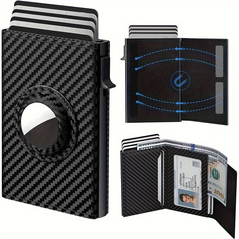 

1pc Men's Wallet - Carbon Fiber Automatic Pop-up Tri-fold Card Holder - Rfid Blocking, Second Layer Cowhide