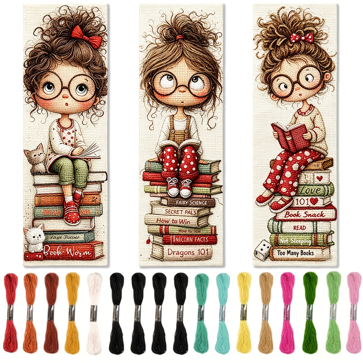 TEMU 11-carat Printed Cross- Bookmark Set, Reading Girl Pattern Embroidery Material Bag, Includes Pre-printed Embroidery Cloth, Embroidery Thread,