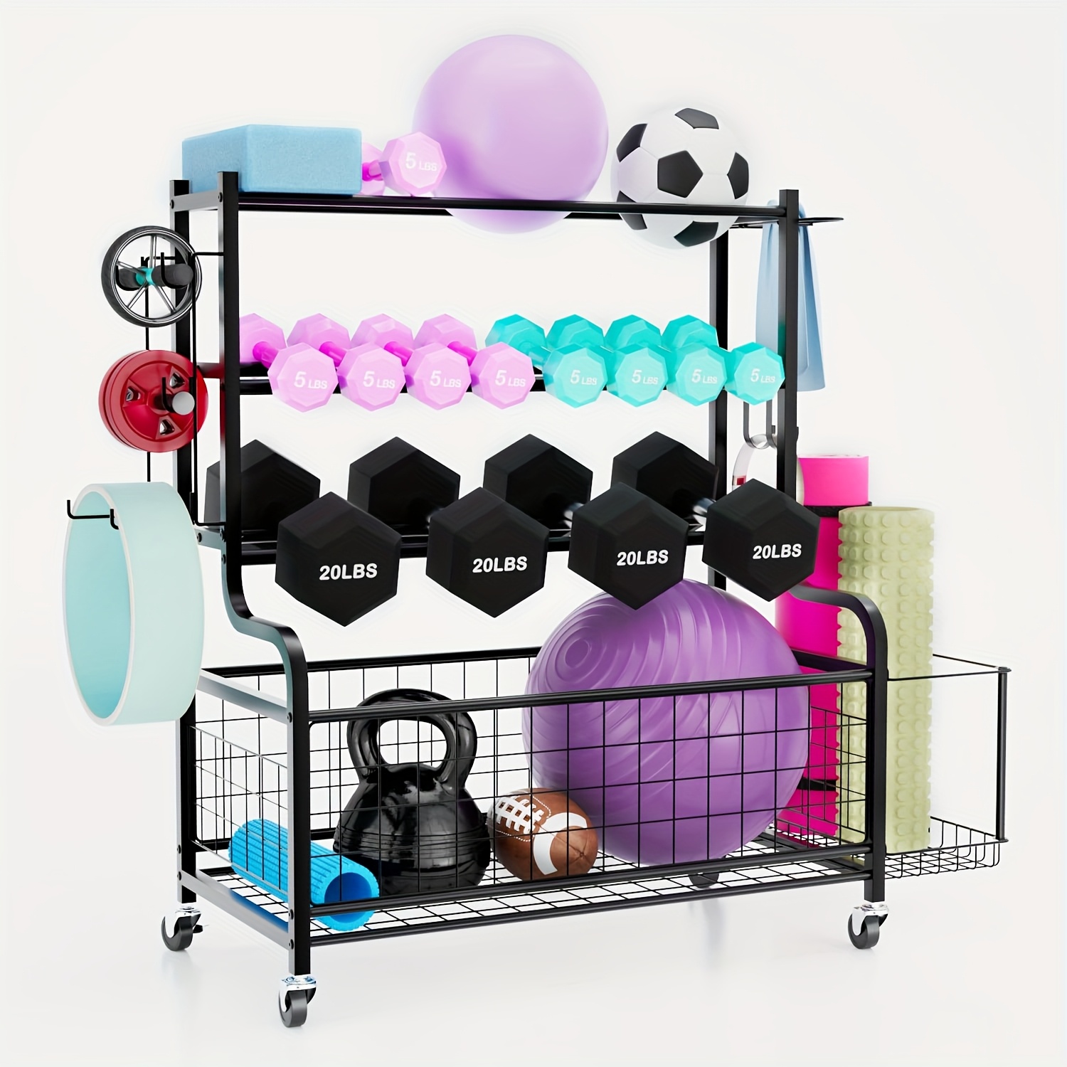 Image of For Dumbbell Rack - Weight Stand For Home, Gym, Yoga Mat, Weight Rack With Wheels And Hooks, Workout Equipment, Yoga Equipment Organizer, For Dumbbells, Kettlebells