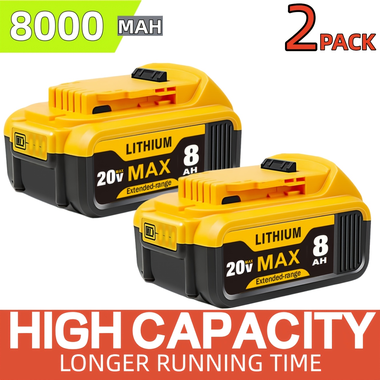 TEMU 2 pack Batterie 20V 8.0Ah DCB200 de remplacement pour for Dewalt 20V MAX Lithium-ion Compatible avec DCB204 DCV580 DCB180 DCD740 DCD780 DCD785C2
