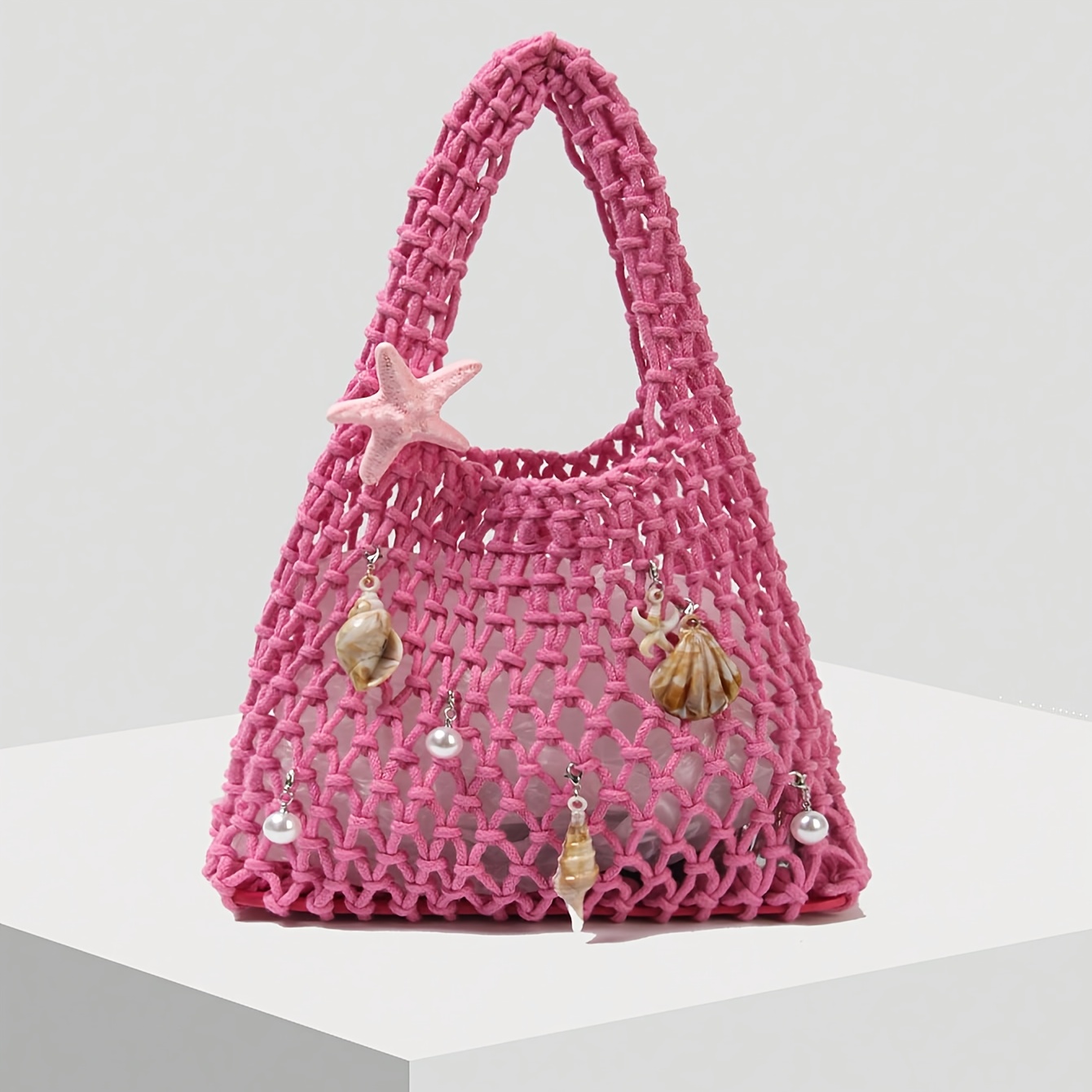 TEMU Single-pack Polyester Thread Crochet Mesh Eyelid Base Fabric Solid Rope-woven Tote Bag, Argyle Lightweight Portable Large Capacity , Quilted Bag