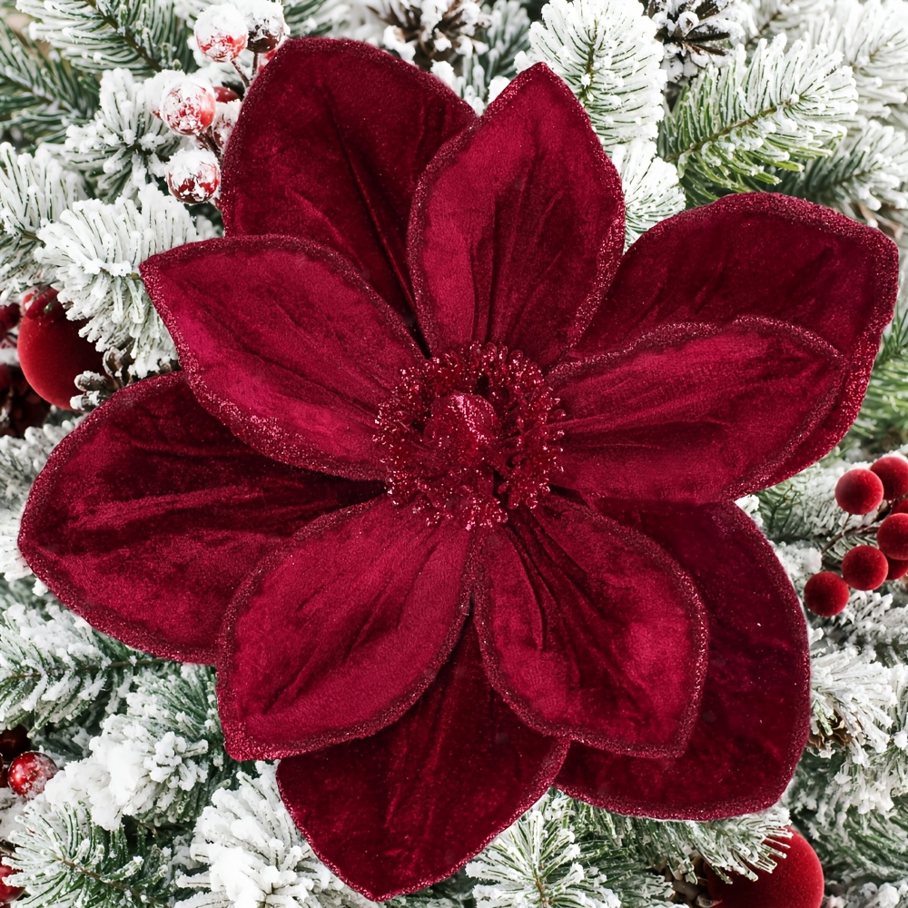 TEMU 1pc Large Christmas Flower 12'' Burgundy Velvet Magnolia Flowers Christmas Tree Decoration Glitter Artificial Christmas Tree Ornaments Faux
