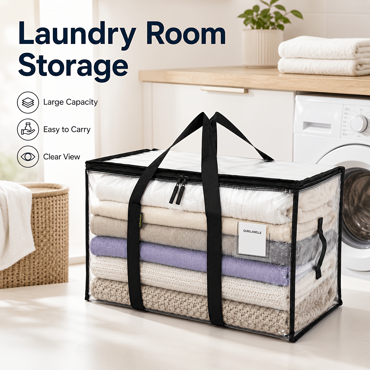 6-Pack Heavy-Duty Oversized Moving Bags with Reinforced Handles, Snap-Close Buckle Lids, Plastic Storage Totes for Clothes and Quilts