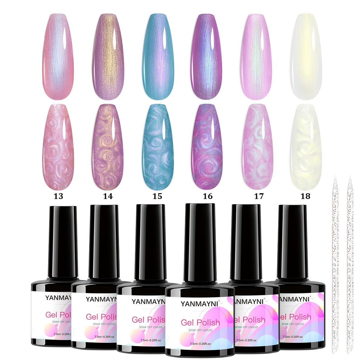 Image of Yanmayni 6pcs 7.5ml/pc Pearl Gel For Nail Polish With 2 , Shimmer Mermaid Gel Polish, Soak Off Gel For Nail Art At Home, Shimmer White Pink Purple Blue, Perfect For Holiday Christmas Arts