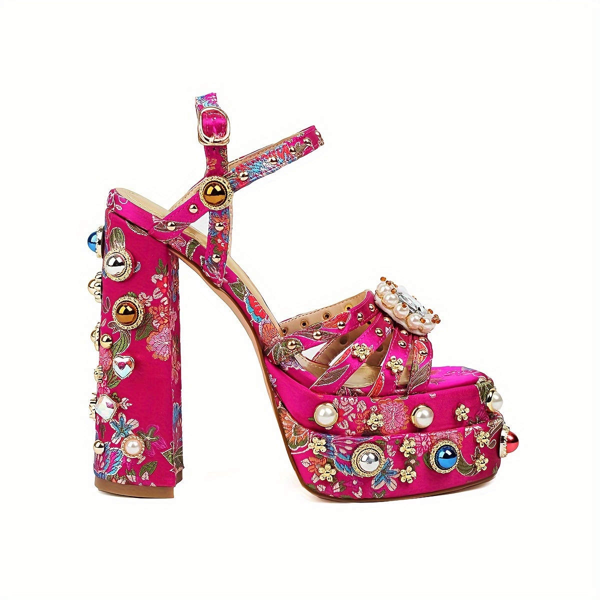 womens vintage print platform sandals ankle buckle strap faux pearl decor block heels slingback elegant party banquet shoes details 9