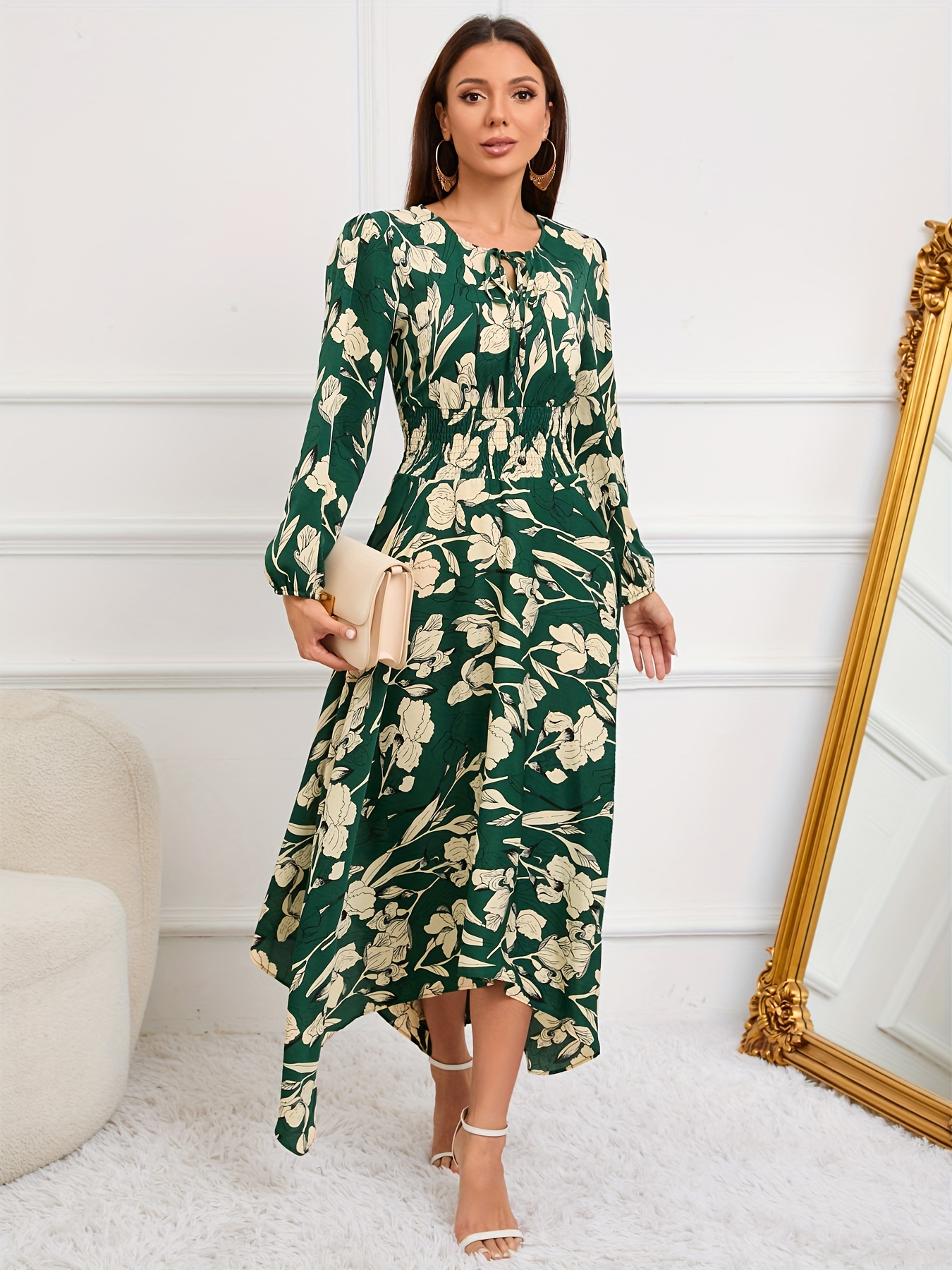 Ditsy Floral Surplice Neck Dress Elegant Pleated Long Sleeve - Temu