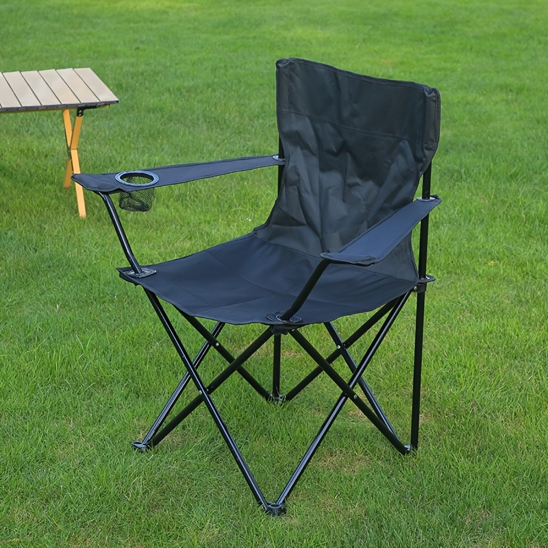 foldable outdoor camping chair with armrests and cup holder details 2