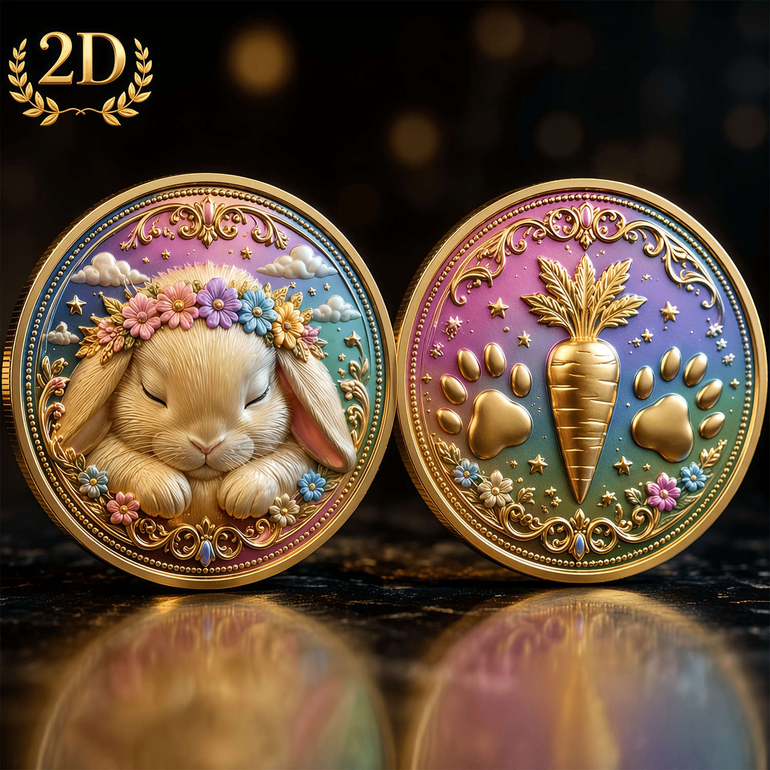 TEMU Replica Coin A 2d Double-sided "cloud Flower Slumber" Commemorative Coin. Made Of Alloy. Features A Wearing A Floral Wreath, Resting On A Starry
