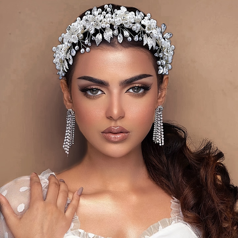 TEMU Diadème de Mariée Élégant avec Faux Perles, Strass et Motif Floral - Accessoire de Cheveux en pour Mariées, Pièce Unique, Style Vintage, Cadeaux