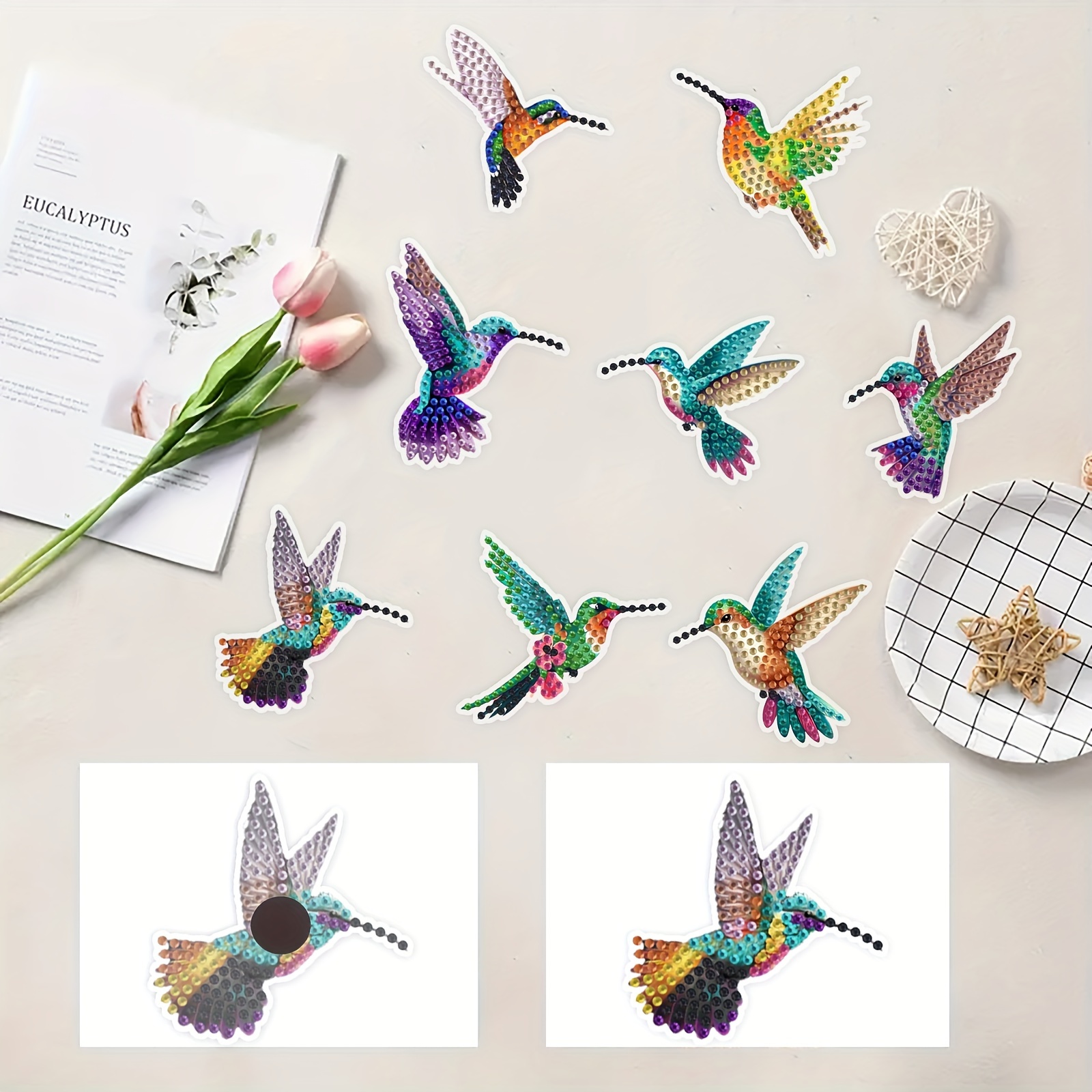 

8-piece Diy Hummingbird Diamond Painting Set: Add A Sparkle Of Nature To Your Fridge, Car, Or Photo Frame With These Easy-to-use Acrylic Stickers