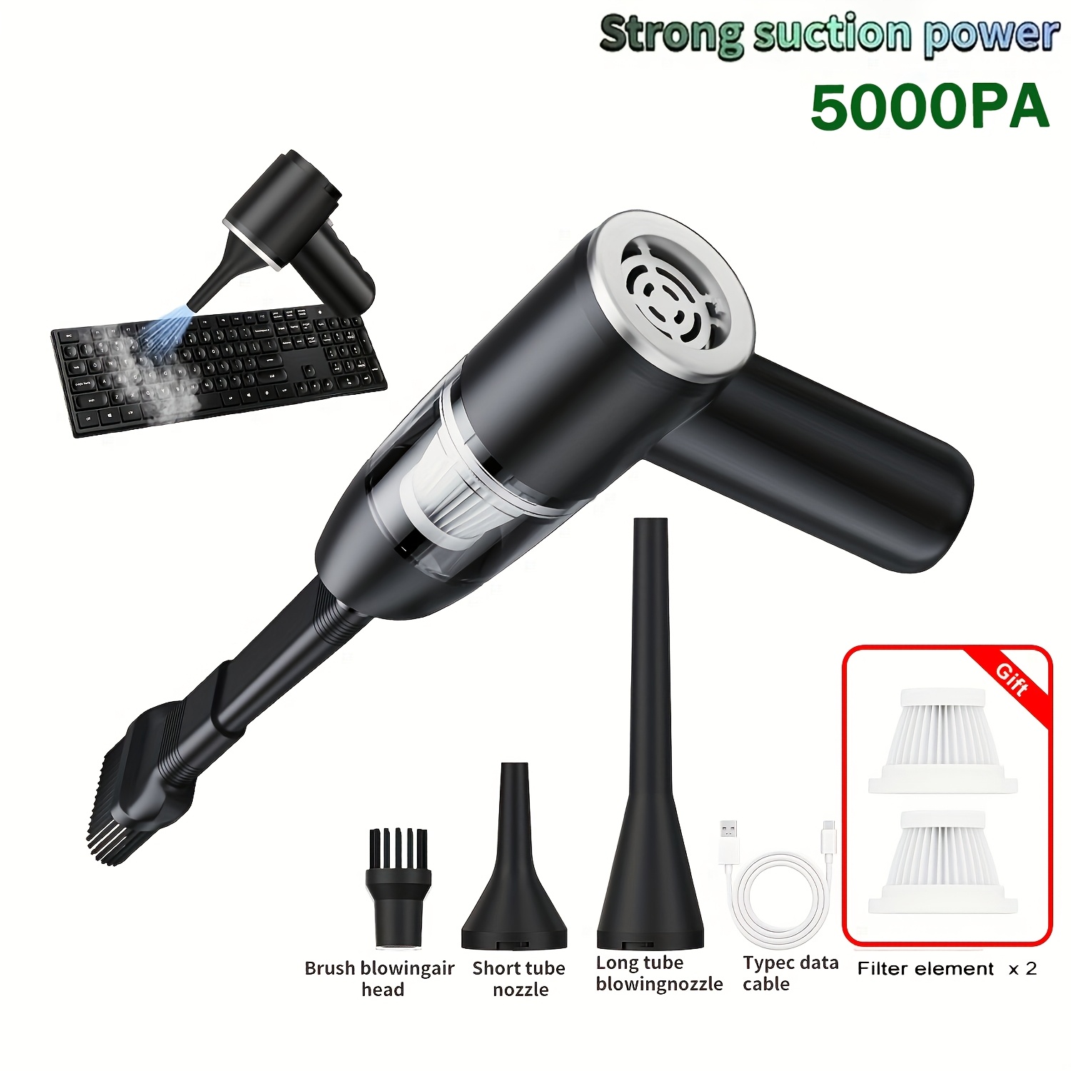 TEMU Aspirateur de voiture fil 2-en-1 haute , souffleur et aspiration en un, batteries 2000Mah, chargement USB, accessoires fonctionnels multiples et