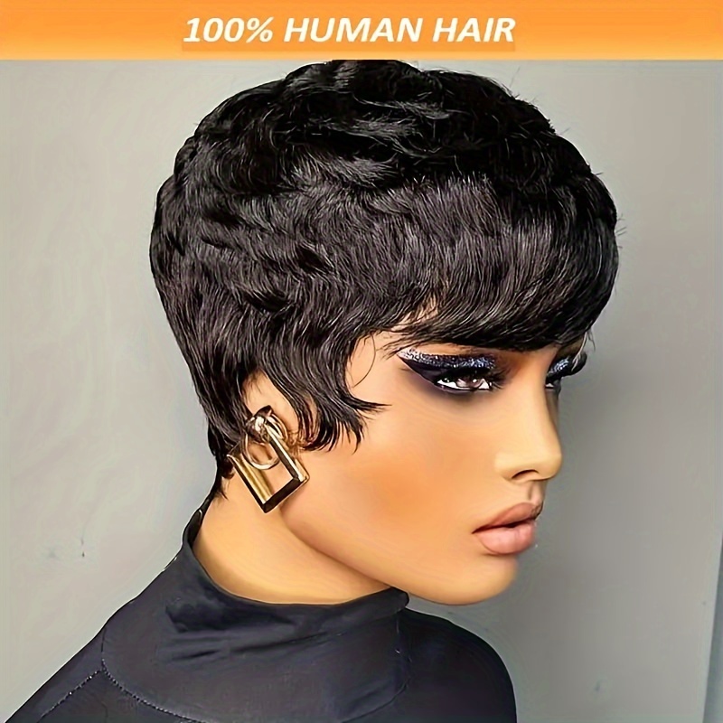 

Elegant Pixie Cut Wig With Bangs For Women - 180% Density Virgin Peruvian Human Hair, Straight Layered Short Style, Glueless & Machine-made