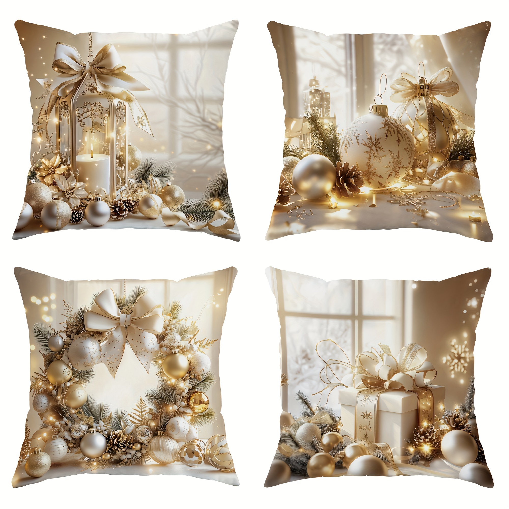 

Christmas Throw Pillow Covers Set Of 4, Golden Decor Design, Machine Washable, 18x18 Inches, Zipper Closure, Stain Resistant Polyester, Decorative Cushion Cases For Home, Car, Bedroom, Sofa, Office