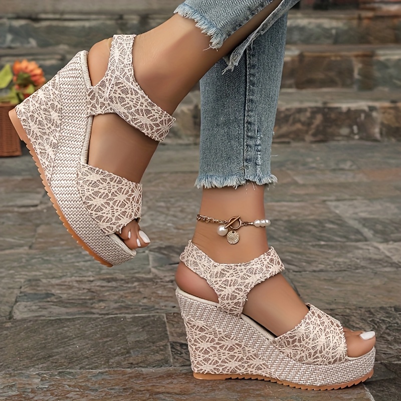 Boho Lace Wedge Sandals For Women 10cm High Heel Platform Espadrilles Breathable Crochet Hollow Out Ankle Strap Summer Shoes For Beach Vacation Holiday Wear Trendy Platform Sandals, Women Shoes