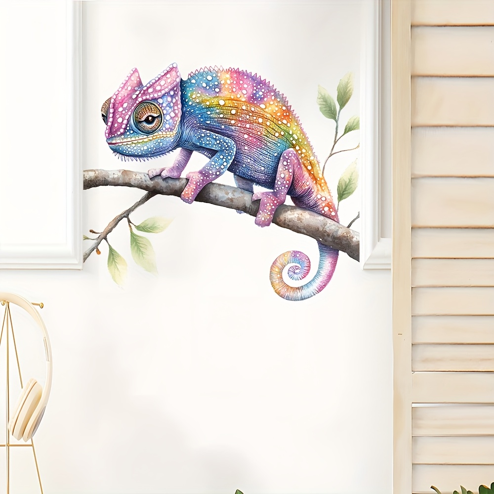 Image of Vibrant Chameleon Wall Decal - Colorful Animal Print Self-adhesive Sticker For Bedroom, Living Room & Entryway Decor, Glossy Finish, Easy To Apply On Smooth Surfaces, Wall Stickers Home Decor