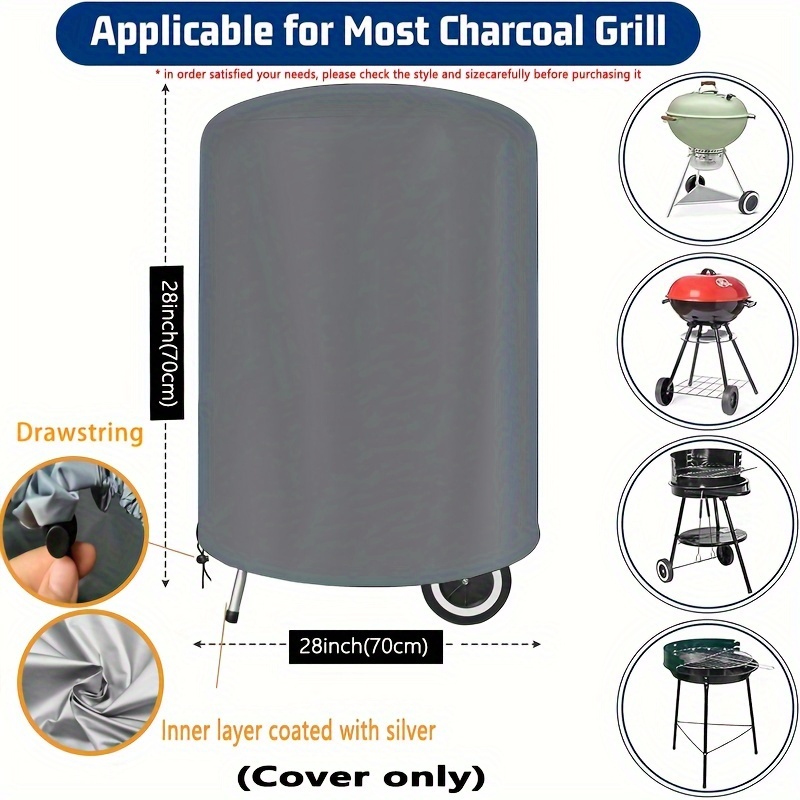 TEMU 1pc 210d Heavy-duty Round Grill Cover, Tear-resistant And Sun Protection Design, Protects Your Outdoor Bbq, 28 Inch Gray/black