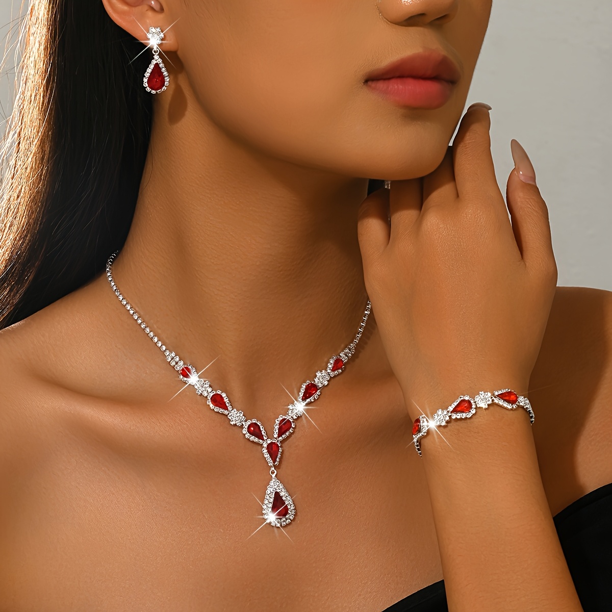 3-delige set luxe groene traanvormige sieraden voor dames, strass-ketting, oorbellen en armband, bruids- en trouwsieraden, geschikt voor gala-avonden, etentjes en kerstcadeaus
